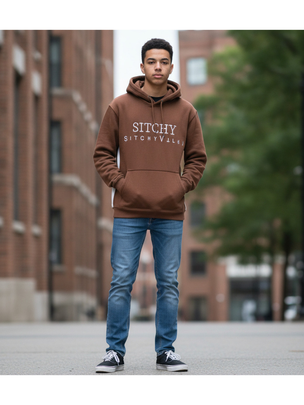 Sitchy Brown Hoodie with White Side Stripe, Size Small